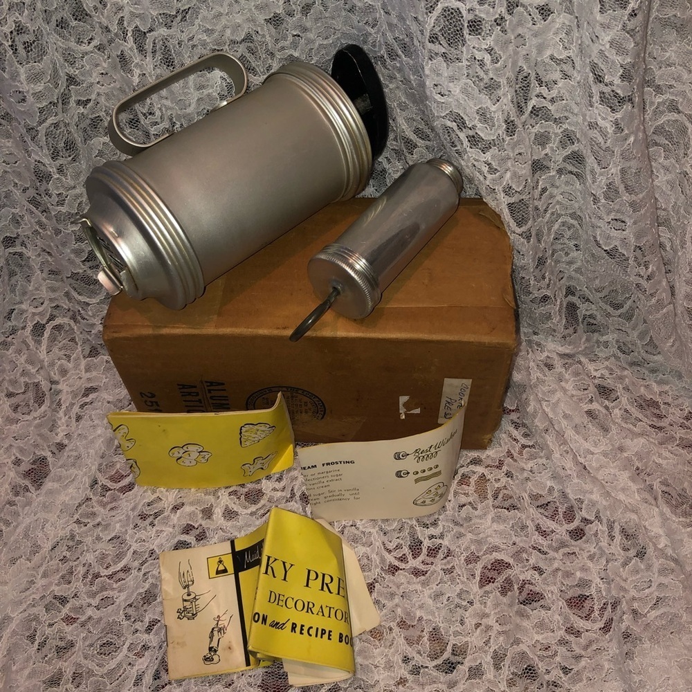 Vintage Silver Cookie Press Set , two sizes with several attachments.